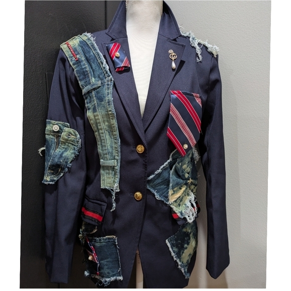 Jackets & Blazers - Navy And Red Blazer with Distressed Denim Patchwork